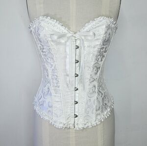 Corset Bustier XS/S White Jacquard Satin Floral Lace Up Boned Bridal Shapewear